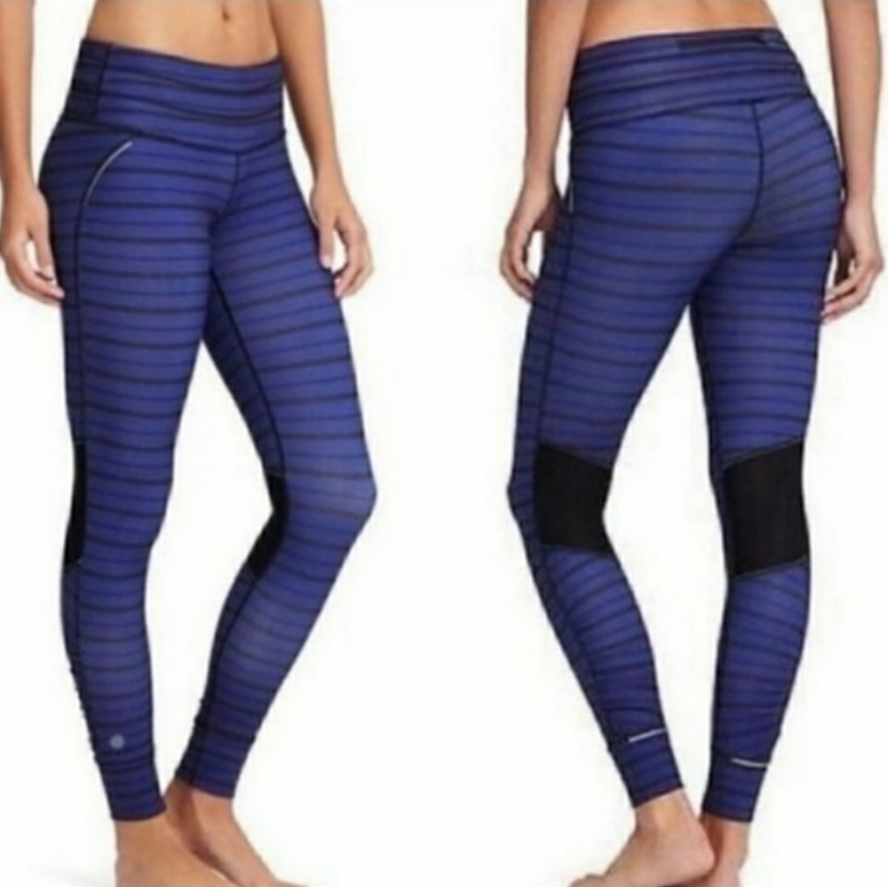 Athleta  purple and black striped leggings